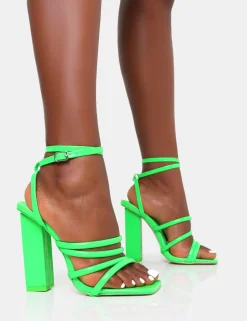 Public Desire Tobi Neon Lime Strappy Square Toe High Block Heels | Women Square Toe Heels