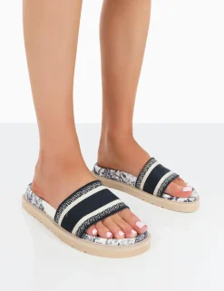 Public Desire Toile Embroidered Print Slide Sandals | Women Sliders