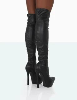 Public Desire Trixie Grain Pu Stiletto Platform Over The Knee Boots | Women Over The Knee Boots