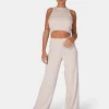 Public Desire V Front Low Waisted Wide Leg Knitted Trousers Oatmeal | Women Knitwear