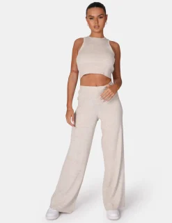 Public Desire V Front Low Waisted Wide Leg Knitted Trousers Oatmeal | Women Knitwear