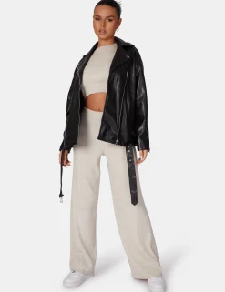 Public Desire V Front Low Waisted Wide Leg Knitted Trousers Oatmeal | Women Knitwear