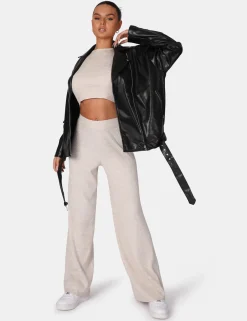 Public Desire V Front Low Waisted Wide Leg Knitted Trousers Oatmeal | Women Knitwear