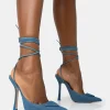 Public Desire Vada Denim Slingback Lace Up Pointed Toe Stiletto Heels | Women Court Heels
