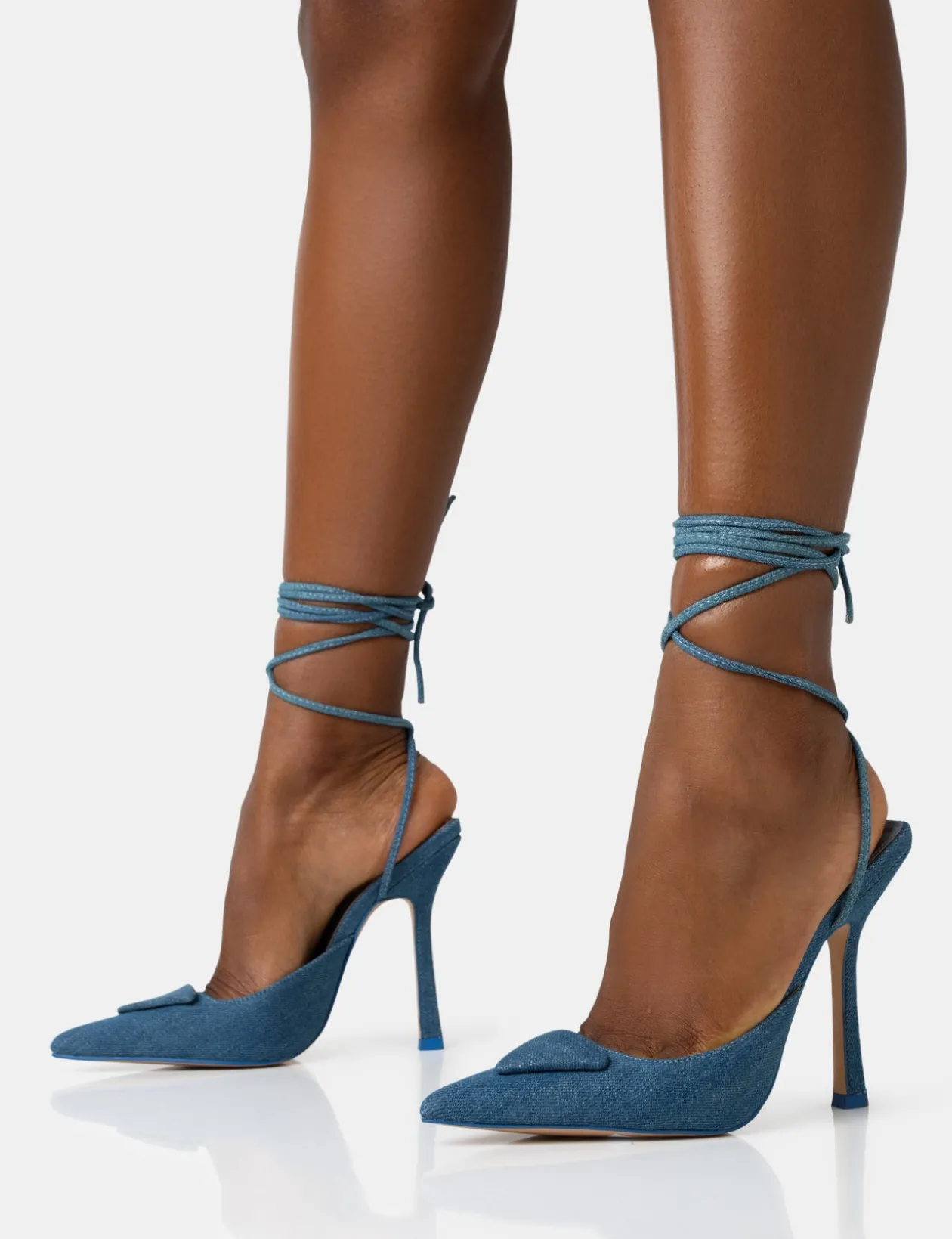 Public Desire Vada Denim Slingback Lace Up Pointed Toe Stiletto Heels | Women Court Heels