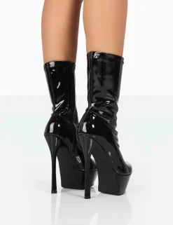 Public Desire Vegas Black Patent Pointed Stilleto Platform Heeled Ankle Boots | Women Heeled Boots