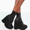 Public Desire Versus Black Satin Platform Sole Ankle Boots | Women Chunky Boots