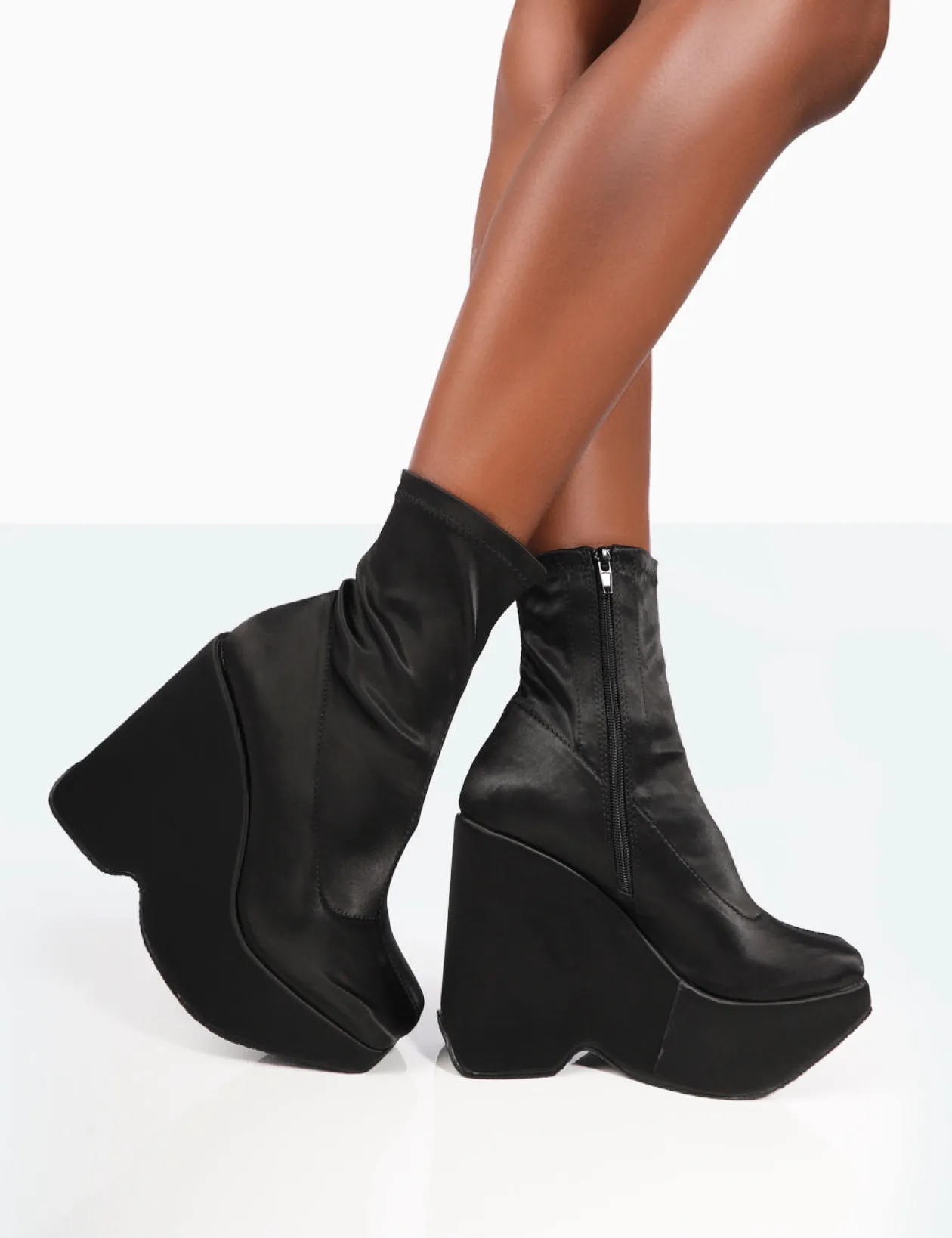 Public Desire Versus Black Satin Platform Sole Ankle Boots | Women Chunky Boots