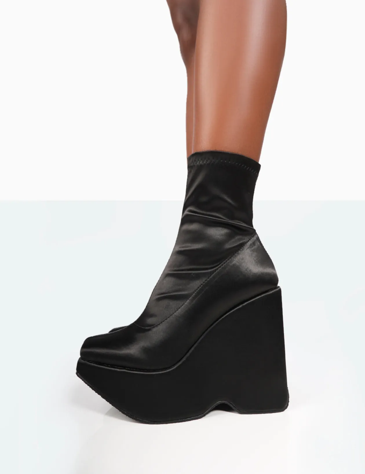 Public Desire Versus Black Satin Platform Sole Ankle Boots | Women Chunky Boots