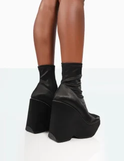Public Desire Versus Black Satin Platform Sole Ankle Boots | Women Chunky Boots