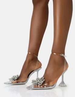 Public Desire Vibez Mirror Metallic Diamante Flower Broach Strappy Perspex Cake Stand Pointed Toe Heels | Women Strappy Sandals