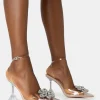 Public Desire Vibez Patent Diamante Flower Broach Strappy Perspex Cake Stand Pointed Toe Heels | Women Strappy Sandals
