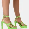 Public Desire Viola Satin Strappy Square Toe Platform Flat Block Heels | Women Square Toe Heels