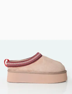 Public Desire Vixon Beige Faux Suede Embroidered Slipper Platform Boots | Women Ultra Mini Boots