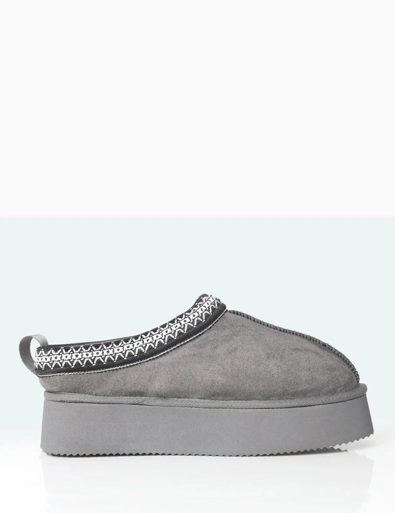 Public Desire Vixon Charcoal Grey Faux Suede Embroidered Slipper Platform Boots | Women Ultra Mini Boots