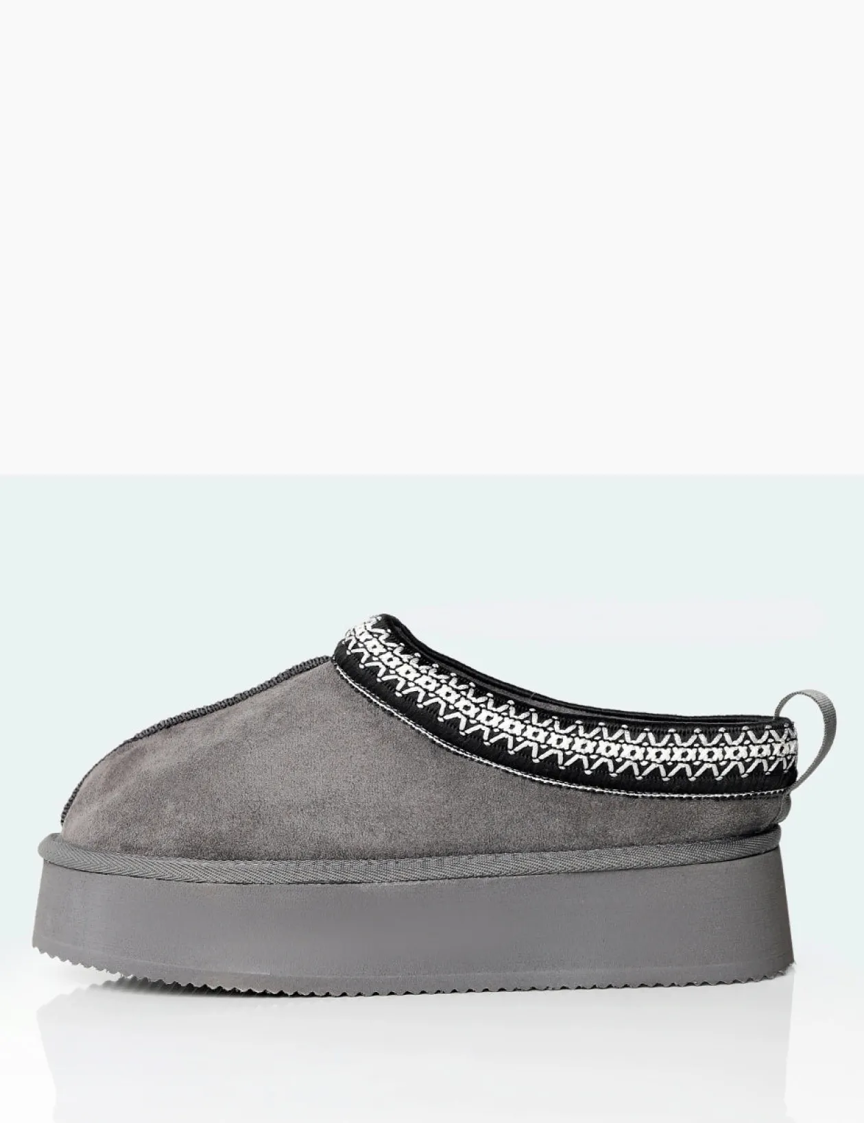 Public Desire Vixon Charcoal Grey Faux Suede Embroidered Slipper Platform Boots | Women Ultra Mini Boots