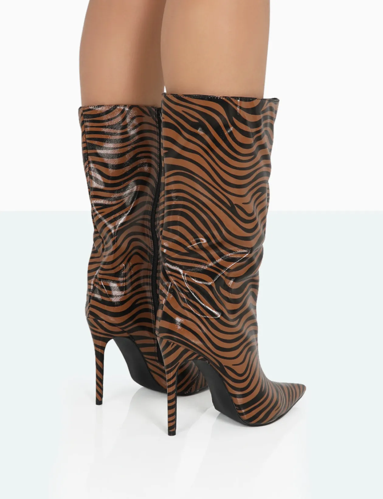 Public Desire Wanda Camel Zebra Pu Pointed Toe Stiletto Knee High Boots | Women Knee High Boots