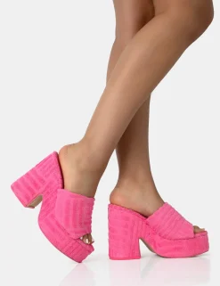 Public Desire Wavez Terry Towelling Round Toe Platform Block Heel Mules | Women Platform Heels