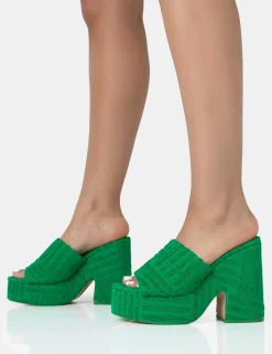Public Desire Wavez Terry Towelling Round Toe Platform Block Heel Mules | Women Platform Heels
