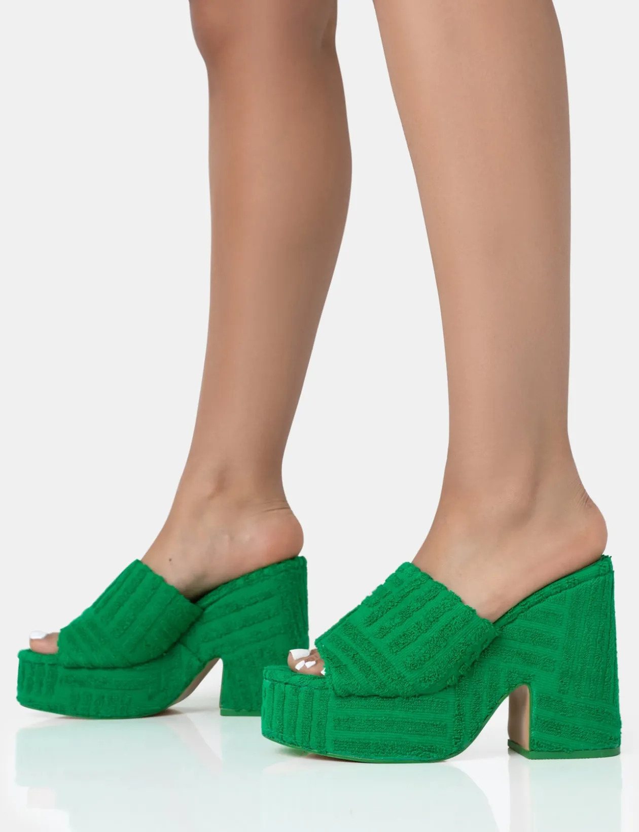 Public Desire Wavez Terry Towelling Round Toe Platform Block Heel Mules | Women Platform Heels