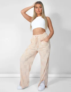 Public Desire Wide Leg Split Hem Checkerboard Towelling Joggers | Women Trousers