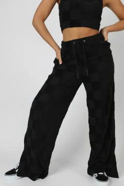 Public Desire Wide Leg Split Hem Checkerboard Towelling Joggers | Women Trousers