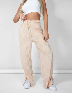 Public Desire Wide Leg Split Hem Checkerboard Towelling Joggers | Women Trousers