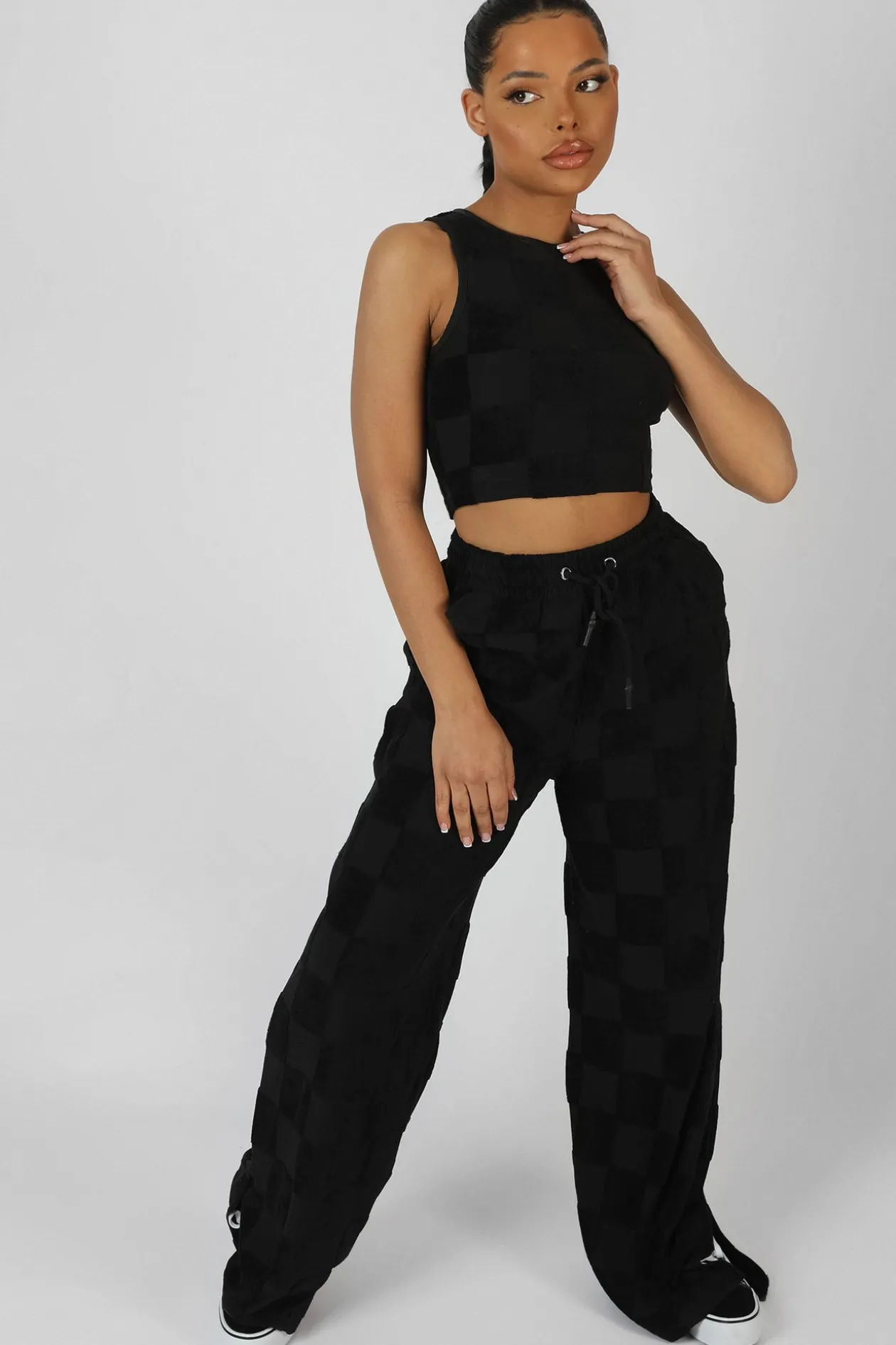 Public Desire Wide Leg Split Hem Checkerboard Towelling Joggers | Women Trousers