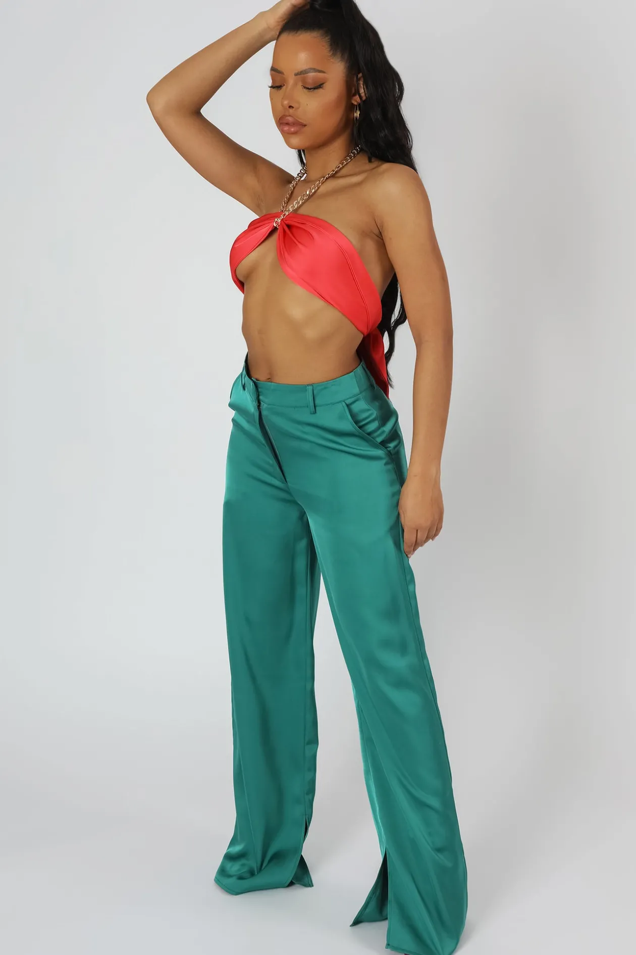 Public Desire Wide Leg Split Hem Satin Tailored Trousers | Women Tailoring