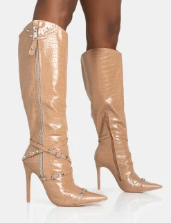 Public Desire Worthy Camel Croc Studded Zip Detail Pointed Toe Stiletto Knee High Boots | Women Knee High Boots