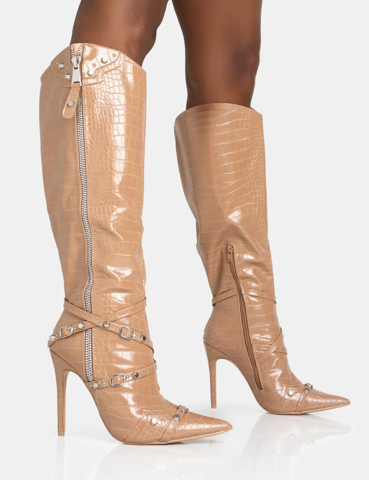 Public Desire Worthy Camel Croc Studded Zip Detail Pointed Toe Stiletto Knee High Boots | Women Knee High Boots