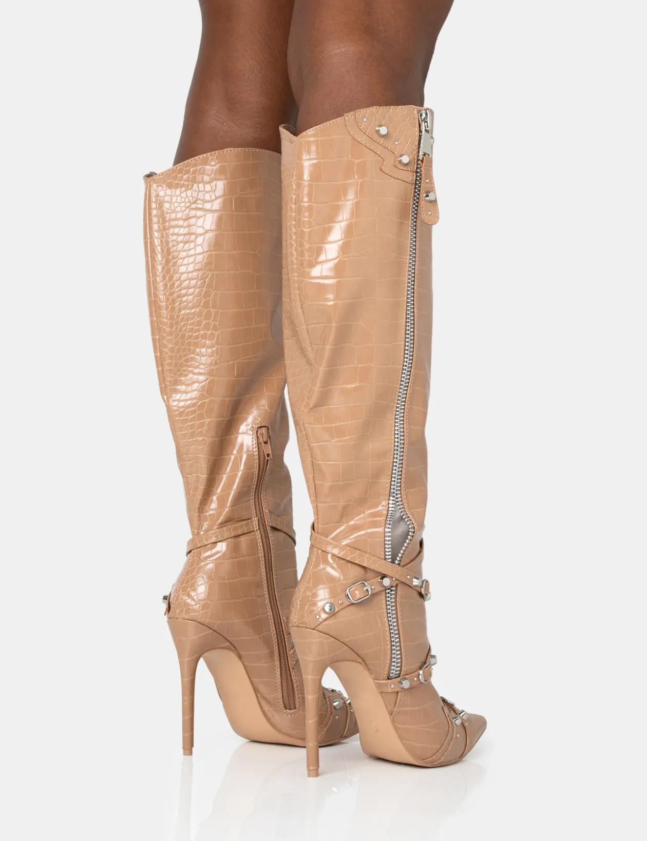 Public Desire Worthy Camel Croc Studded Zip Detail Pointed Toe Stiletto Knee High Boots | Women Knee High Boots