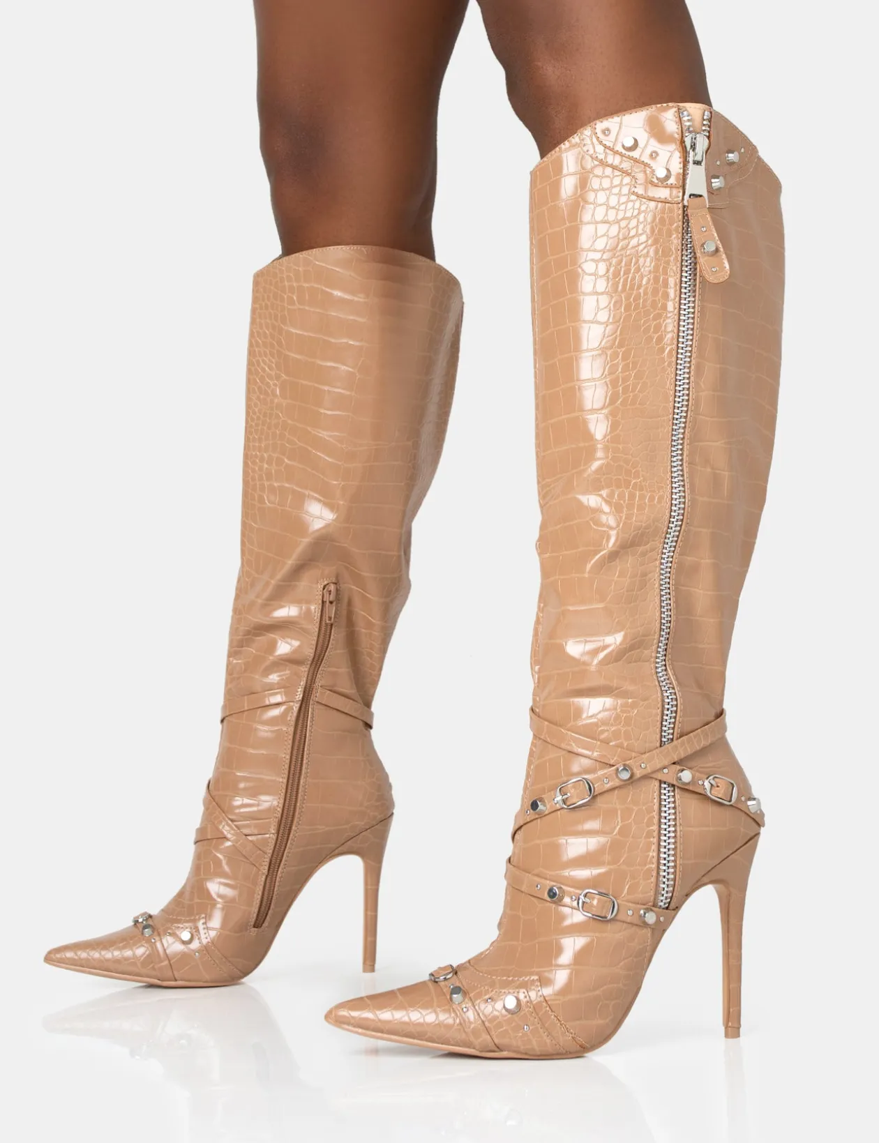 Public Desire Worthy Camel Croc Studded Zip Detail Pointed Toe Stiletto Knee High Boots | Women Knee High Boots