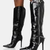 Public Desire Worthy Croc Studded Zip Detail Pointed Toe Stiletto Knee High Boots | Women Knee High Boots