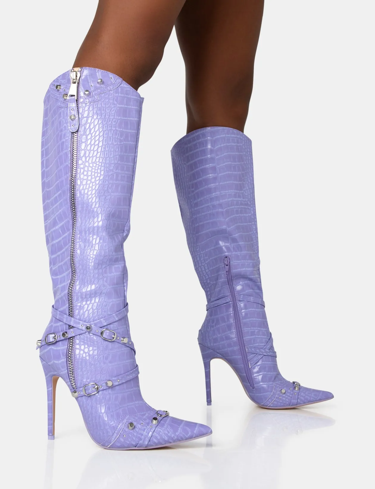 Public Desire Worthy Croc Studded Zip Detail Pointed Toe Stiletto Knee High Boots | Women Knee High Boots