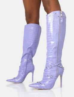 Public Desire Worthy Croc Studded Zip Detail Pointed Toe Stiletto Knee High Boots | Women Knee High Boots