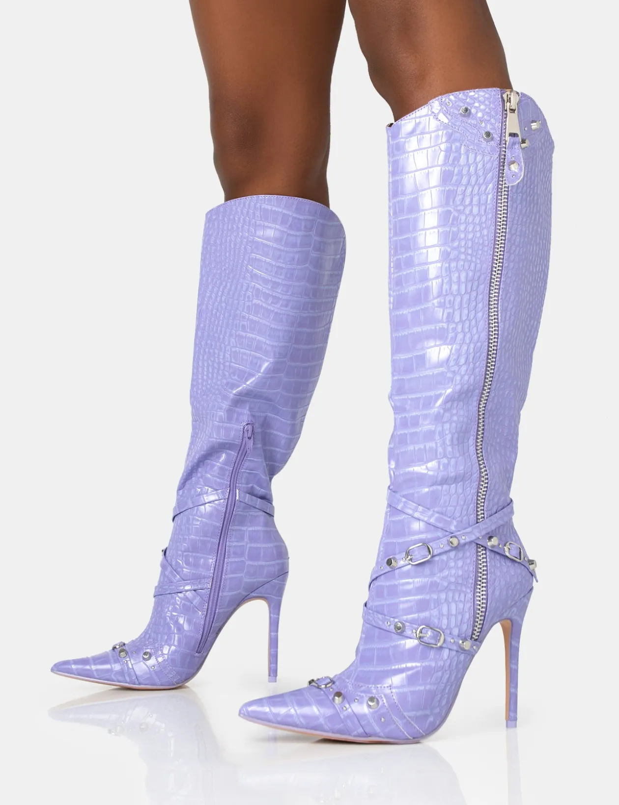Public Desire Worthy Croc Studded Zip Detail Pointed Toe Stiletto Knee High Boots | Women Knee High Boots