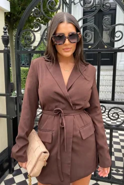 Public Desire Wrap Belt Blazer Dress Chocolate | Women Tailoring