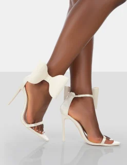 Public Desire Zeal Off Satin Strappy Bow Ankle Detail Stiletto Heels | Women Barely There Heels