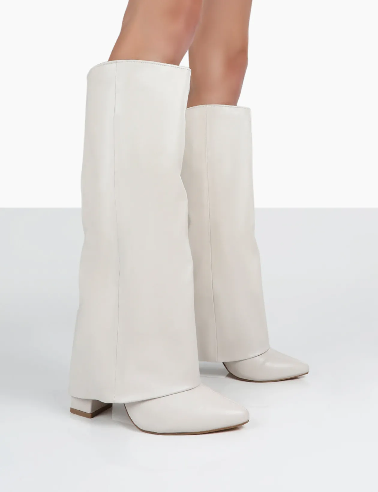 Public Desire Zendaya Ecru Pointed Toe Knee High Block Boots | Women Knee High Boots