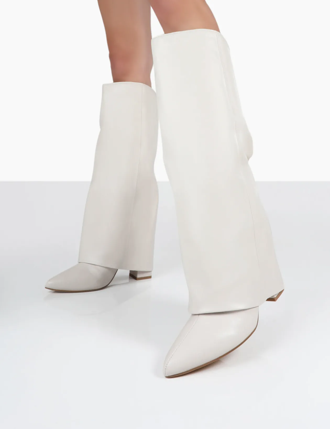 Public Desire Zendaya Ecru Pointed Toe Knee High Block Boots | Women Knee High Boots