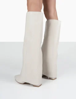 Public Desire Zendaya Ecru Pointed Toe Knee High Block Boots | Women Knee High Boots