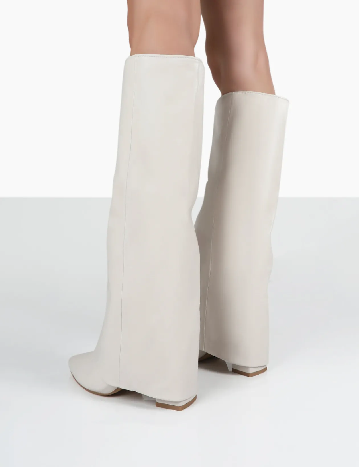 Public Desire Zendaya Ecru Pointed Toe Knee High Block Boots | Women Knee High Boots