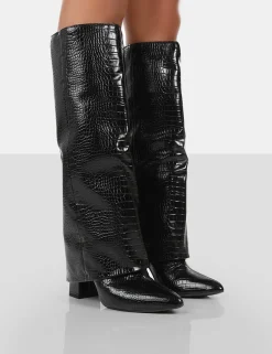 Public Desire Zendaya Patent Croc Pointed Toe Knee High Block Boots | Women Knee High Boots
