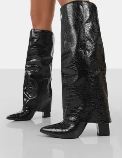 Public Desire Zendaya Patent Croc Pointed Toe Knee High Block Boots | Women Knee High Boots