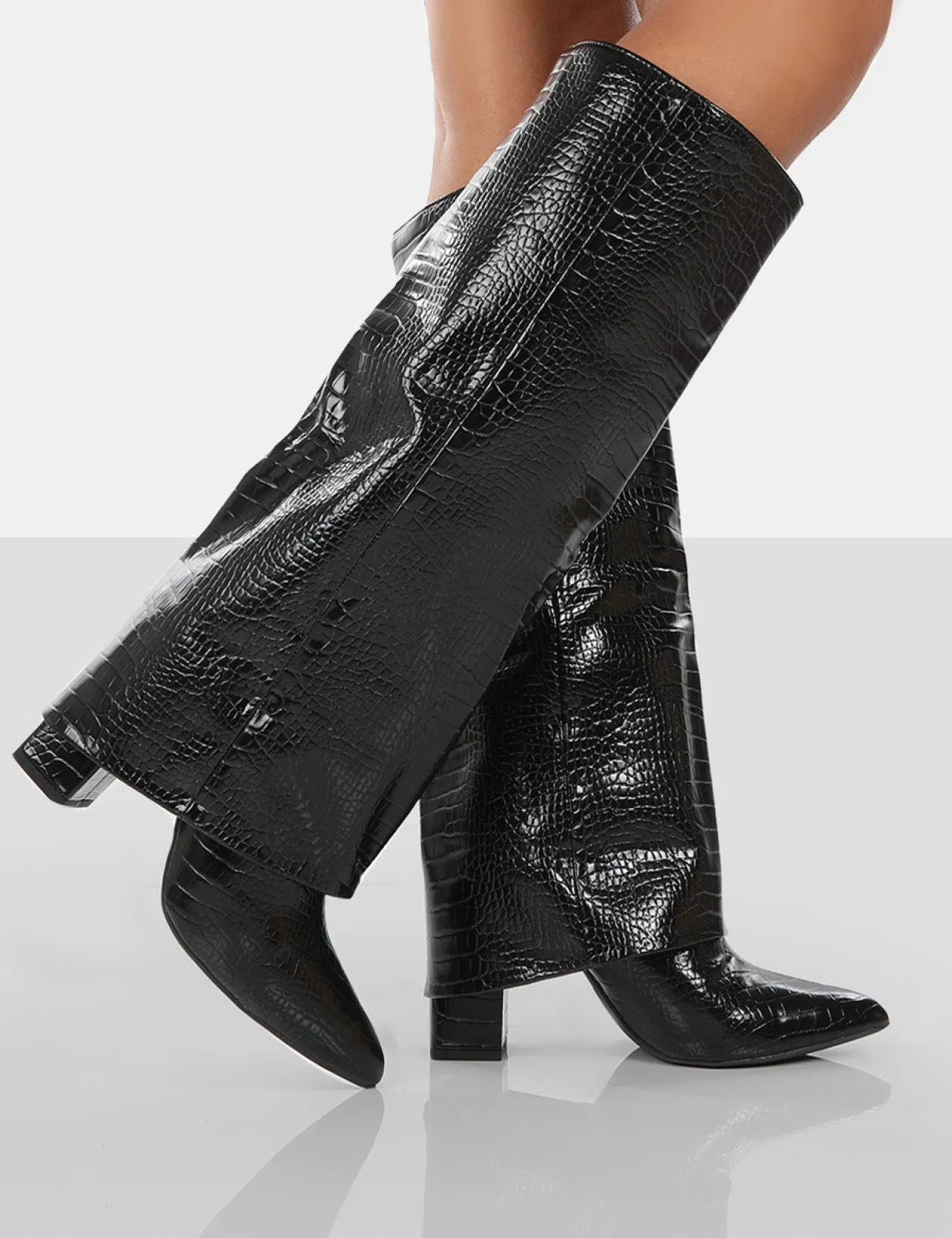 Public Desire Zendaya Patent Croc Pointed Toe Knee High Block Boots | Women Knee High Boots