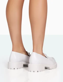 Public Desire Ziggy White Pu Triangle Badge Chunky Sole Loafers | Women Flatforms